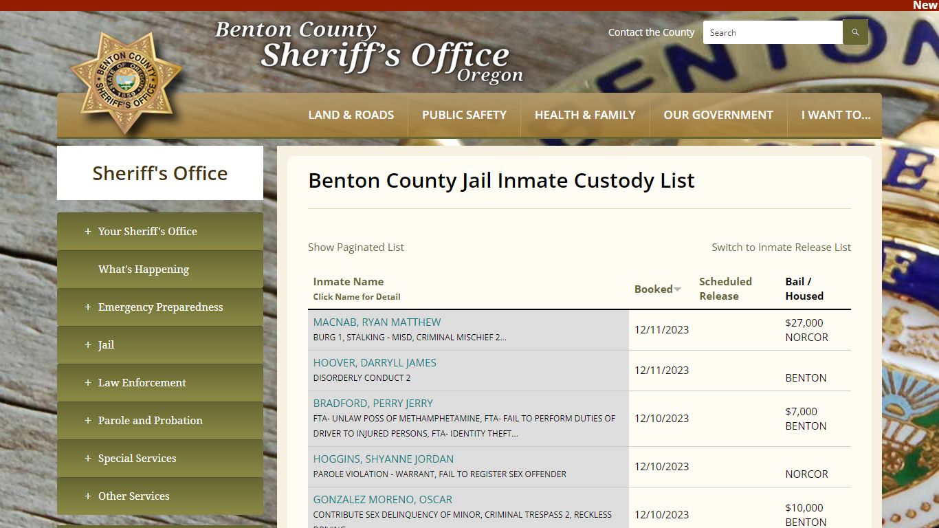 Benton County Jail Inmate Custody List | Benton County Oregon